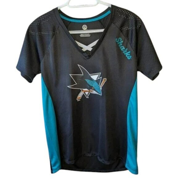 Fanatics San Jose Sharks Iconic Athena Lace-Up V-Neck T-Shirt NHL Top Tee Jersey - Picture 1 of 3